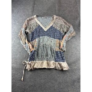Blue Sky Patchwork Floral Tunic Top Womens M 2000s Whimsy Boho Embroidered Fairy